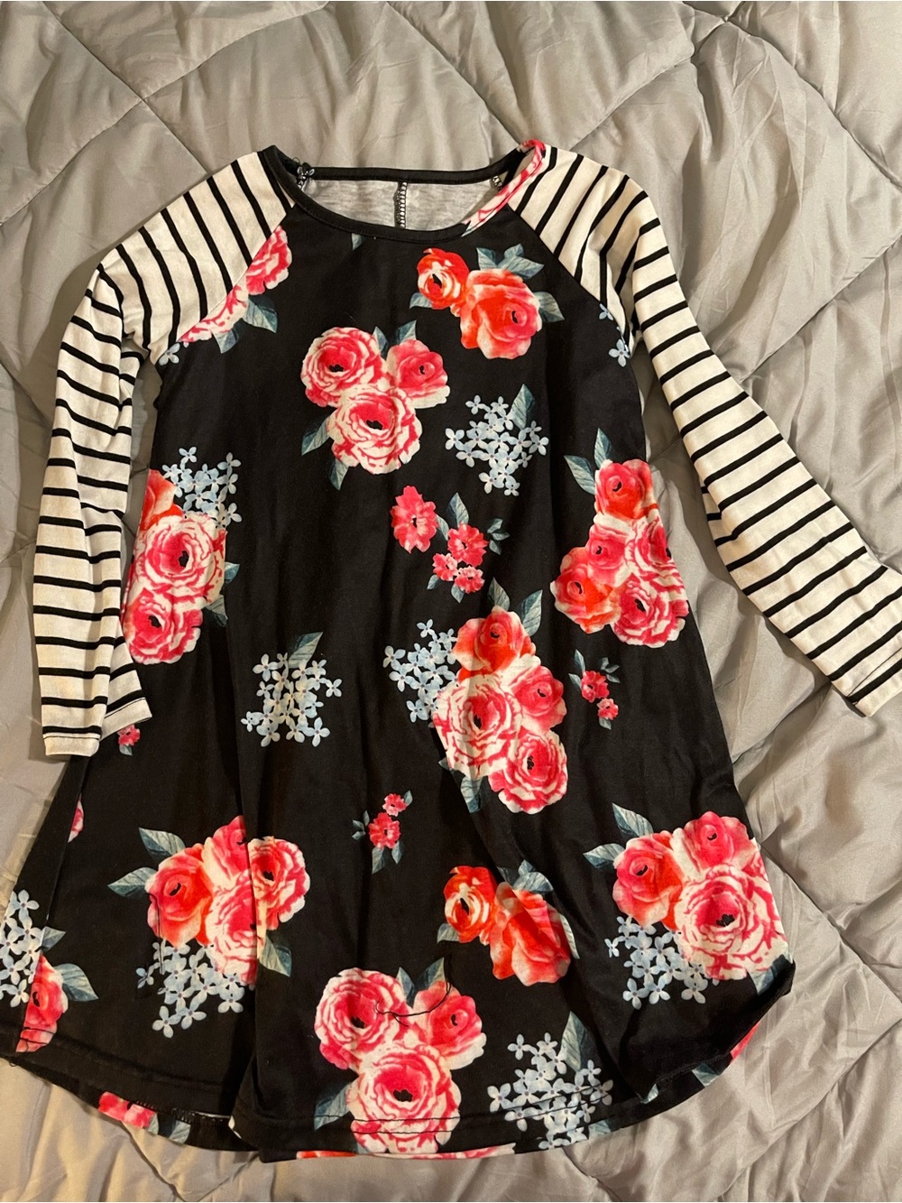 Girls' Black Floral Raglan Dress with Pink Roses